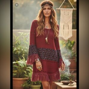 Easel Women’s Boho Tunic Mini Dress Knit Tiered Mix Media Bell Sleeve Hippie